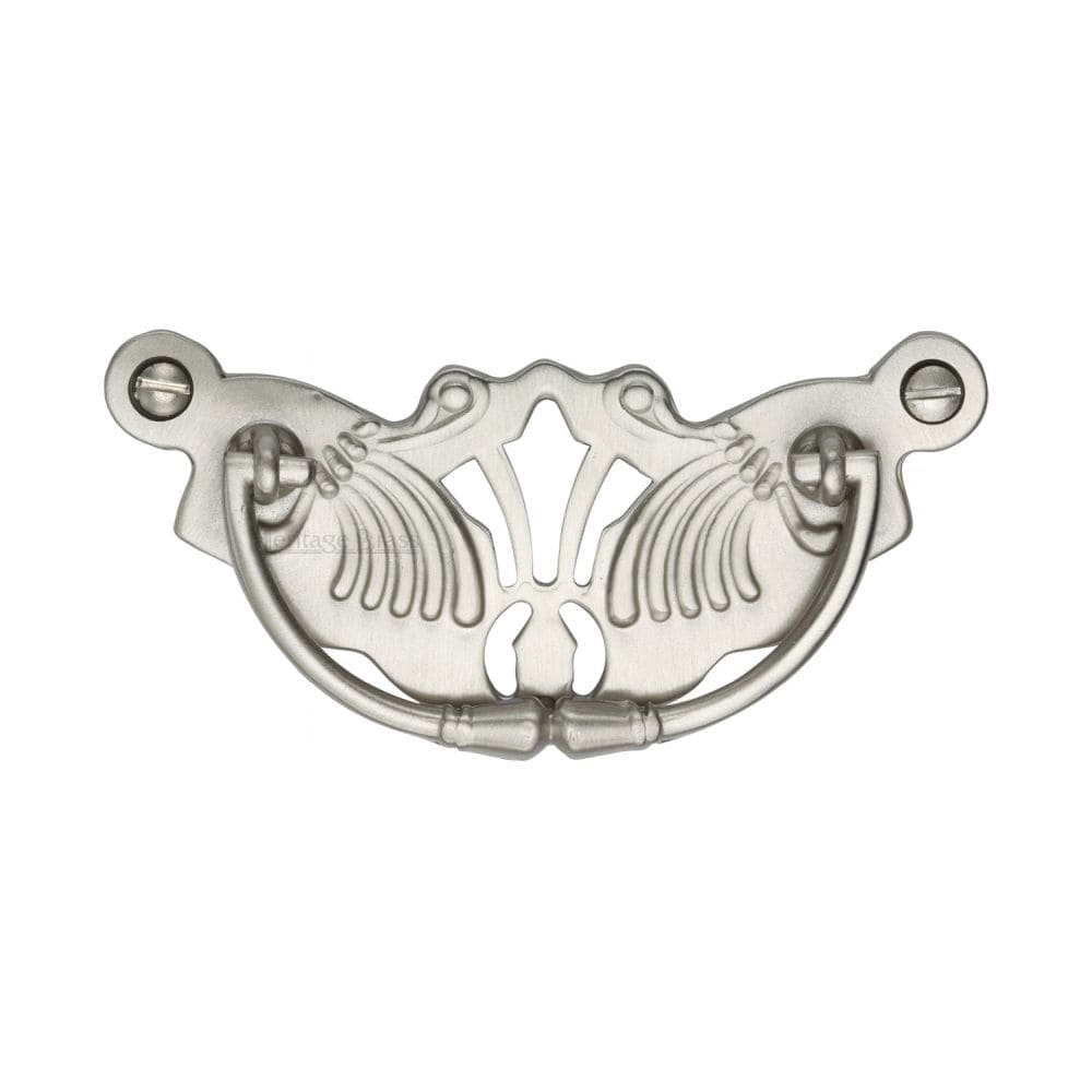 Heritage Brass Cabinet Hardware Satin Nickel / Cabinet Drop Pulls / 78mm c/c Heritage Brass - Cabinet Pull Ornate Plate Design Satin Nickel Finish