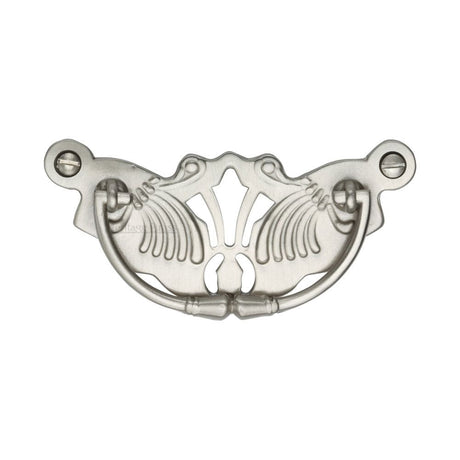 Heritage Brass Cabinet Hardware Satin Nickel / Cabinet Drop Pulls / 78mm c/c Heritage Brass - Cabinet Pull Ornate Plate Design Satin Nickel Finish