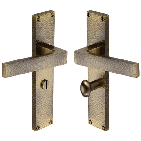 Heritage Brass Door Furniture Antique Brass / Bathroom Lock Handles Heritage Brass - Delta Hammered Bathroom Set Door Handle on 200mm Plate Antique Brass finish