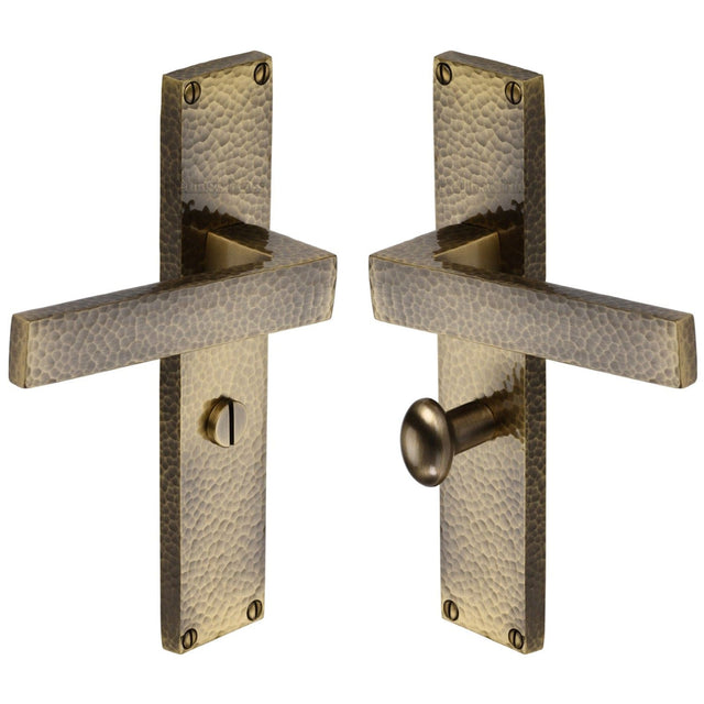 Heritage Brass Door Furniture Antique Brass / Bathroom Lock Handles Heritage Brass - Delta Hammered Bathroom Set Door Handle on 200mm Plate Antique Brass finish