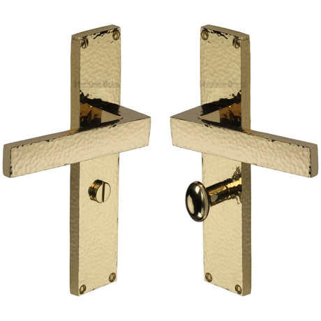 Heritage Brass Door Furniture Polished Brass / Bathroom Lock Handles Heritage Brass - Delta Hammered Bathroom Set Door Handle on 200mm Plate Polished Brass finish