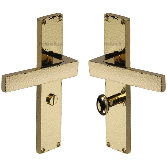 Heritage Brass Door Furniture Polished Brass / Bathroom Lock Handles Heritage Brass - Delta Hammered Bathroom Set Door Handle on 200mm Plate Polished Brass finish
