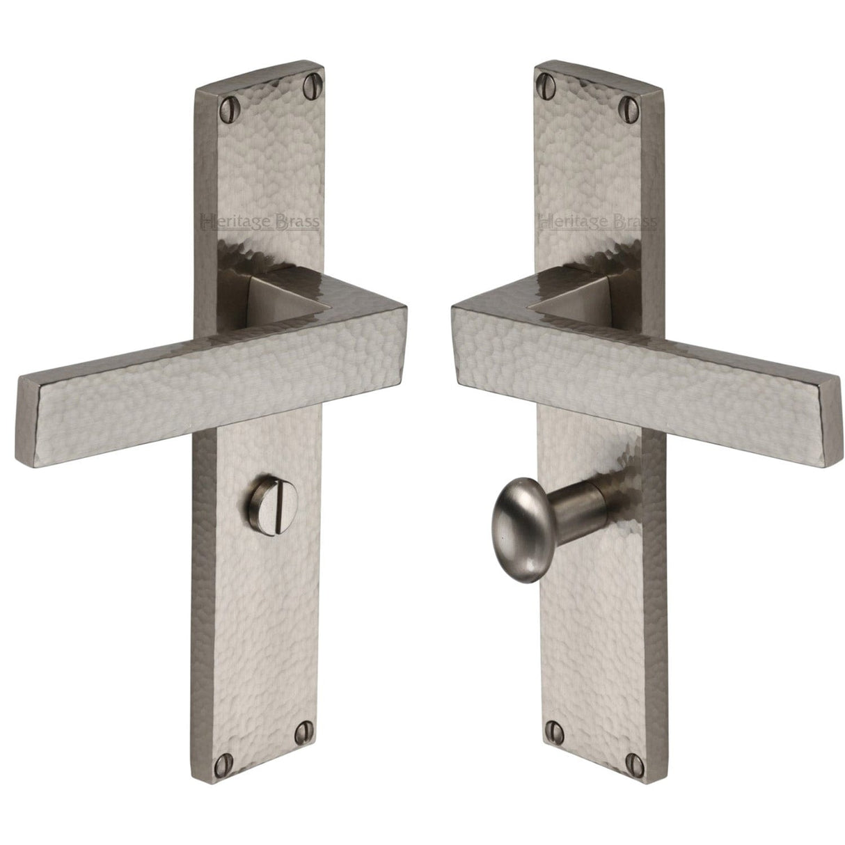 Heritage Brass Door Furniture Satin Nickel / Bathroom Lock Handles Heritage Brass - Delta Hammered Bathroom Set Door Handle on 200mm Plate Satin Nickel finish