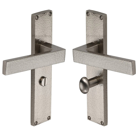 Heritage Brass Door Furniture Satin Nickel / Bathroom Lock Handles Heritage Brass - Delta Hammered Bathroom Set Door Handle on 200mm Plate Satin Nickel finish