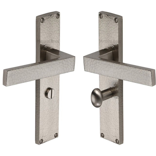 Heritage Brass Door Furniture Satin Nickel / Bathroom Lock Handles Heritage Brass - Delta Hammered Bathroom Set Door Handle on 200mm Plate Satin Nickel finish