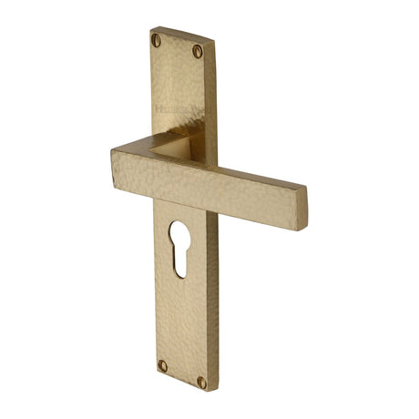 Heritage Brass Door Furniture Satin Brass / Euro Profile Lock Handles Heritage Brass - Delta Hammered Euro Profile Door Handle on 200mm Plate Satin Brass finish
