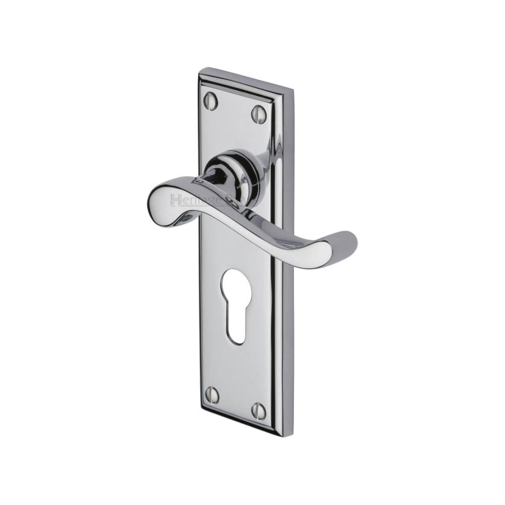 Heritage Brass Door Furniture Polished Chrome / Euro Profile Lock Handles Heritage Brass - Door Handle for Euro Profile Plate Edwardian Design Polished Chrome