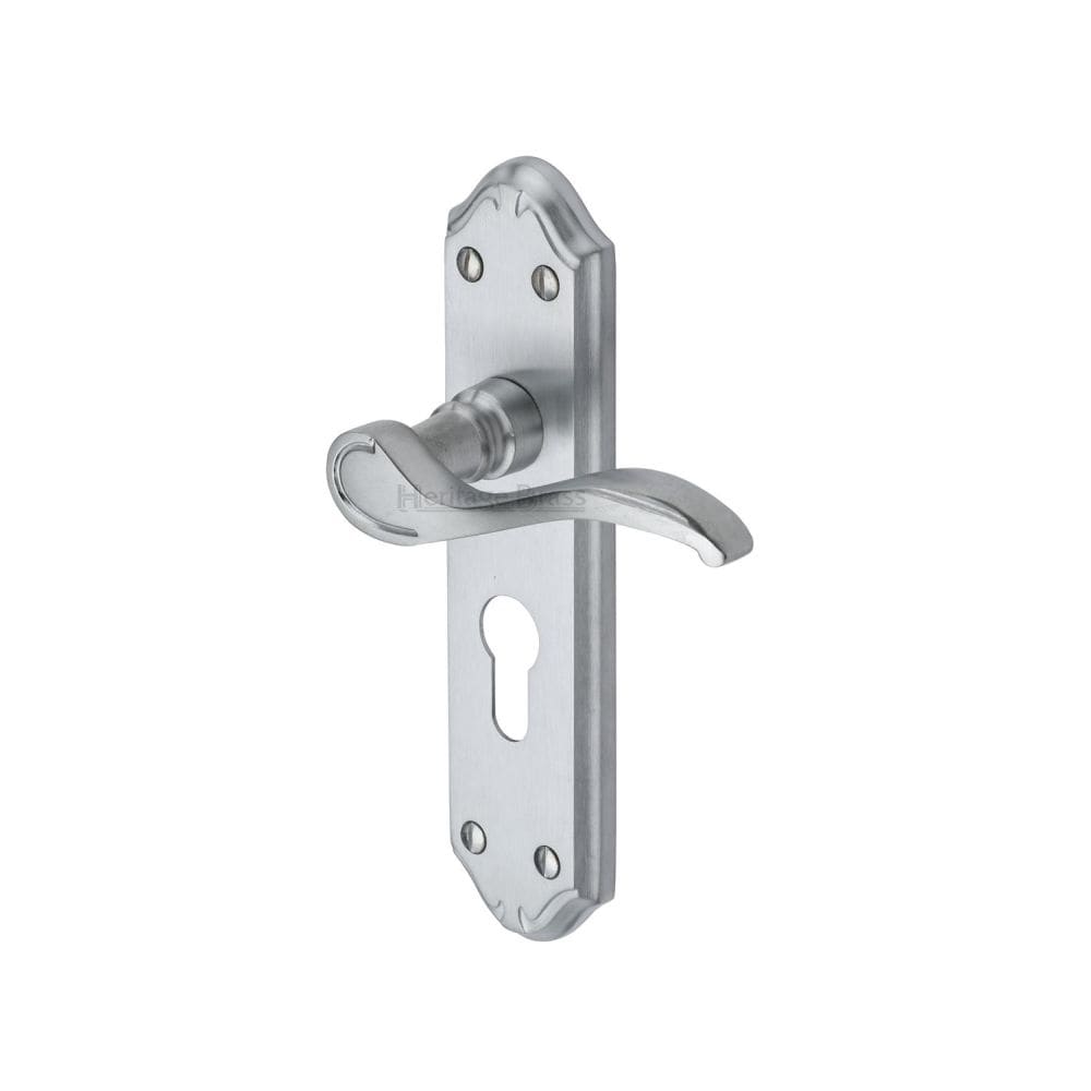 Heritage Brass Door Furniture Satin Chrome / Euro Profile Lock Handles Heritage Brass - Door Handle for Euro Profile Plate Verona Small Design Satin Chr
