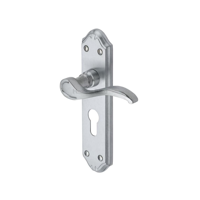 Heritage Brass Door Furniture Satin Chrome / Euro Profile Lock Handles Heritage Brass - Door Handle for Euro Profile Plate Verona Small Design Satin Chr