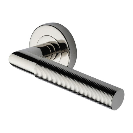 Heritage Brass Door Furniture Polished Nickel / Round Rose Heritage Brass - Door Handle Lever Latch on Round Rose Bauhaus Mitre Reeded Desi