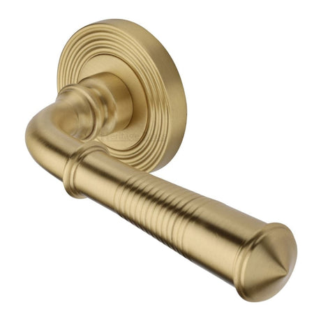 Heritage Brass Door Furniture Satin Brass / Round Rose Heritage Brass - Door Handle Lever Latch on Round Rose Bridgetown Reeded Design