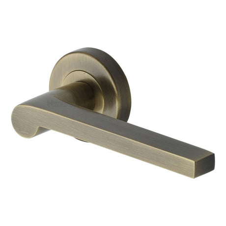 Heritage Brass Door Furniture Antique Brass / Round Rose Heritage Brass - Door Handle Lever Latch on Round Rose Metro Mid Century Design