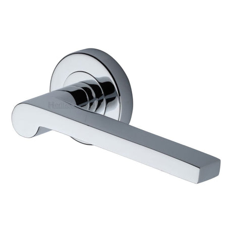 Heritage Brass Door Furniture Polished Chrome / Round Rose Heritage Brass - Door Handle Lever Latch on Round Rose Metro Mid Century Design