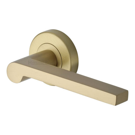 Heritage Brass Door Furniture Satin Brass / Round Rose Heritage Brass - Door Handle Lever Latch on Round Rose Metro Mid Century Design
