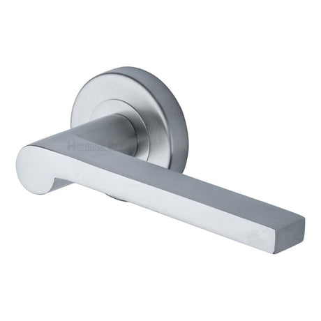 Heritage Brass Door Furniture Satin Chrome / Round Rose Heritage Brass - Door Handle Lever Latch on Round Rose Metro Mid Century Design