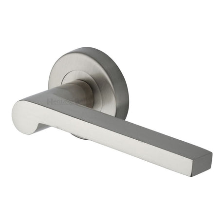 Heritage Brass Door Furniture Satin Nickel / Round Rose Heritage Brass - Door Handle Lever Latch on Round Rose Metro Mid Century Design