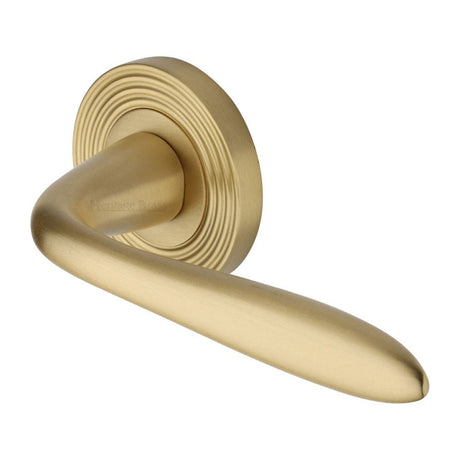 Heritage Brass Door Furniture Satin Brass / Round Rose Heritage Brass - Door Handle Lever Latch on Round Rose Sutton Reeded Design Satin