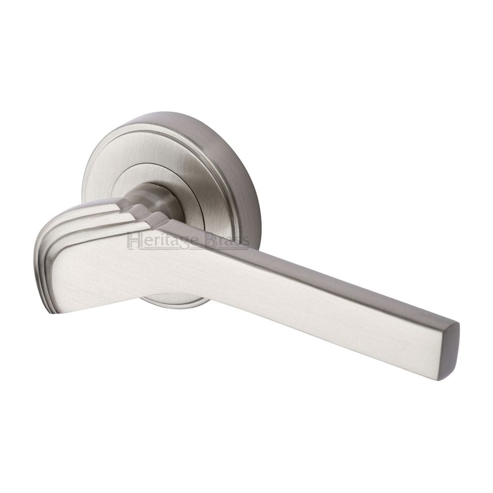 Heritage Brass Door Furniture Satin Nickel / Round Rose Heritage Brass - Door Handle Lever on Rose Tiffany Design Satin Nickel Finish