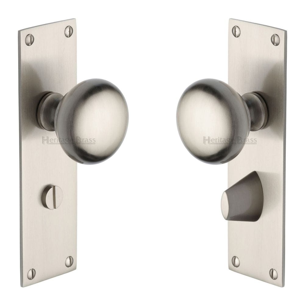 Heritage Brass Door Furniture Satin Nickel / Bathroom Lock Mortice Knobs Heritage Brass - Mortice Knob on Bathroom Plate Balmoral Design Satin Nickel Fini
