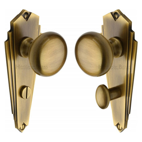 Heritage Brass Door Furniture Antique Brass / Bathroom Lock Mortice Knobs Heritage Brass - Mortice Knob on Bathroom Plate Broadway Design Antique Brass Finis