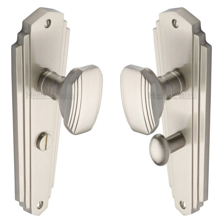 Heritage Brass Door Furniture Satin Nickel / Bathroom Lock Mortice Knobs Heritage Brass - Mortice Knob on Bathroom Plate Charlston Design Satin Nickel Fin
