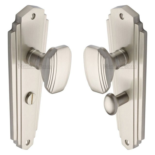 Heritage Brass Door Furniture Satin Nickel / Bathroom Lock Mortice Knobs Heritage Brass - Mortice Knob on Bathroom Plate Charlston Design Satin Nickel Fin
