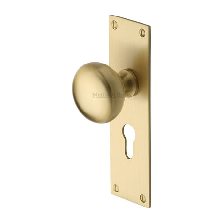 Heritage Brass Door Furniture Satin Brass / Euro Profile Lock Mortice Knobs Heritage Brass - Mortice Knob on Euro Profile Plate Balmoral Design Satin Brass F