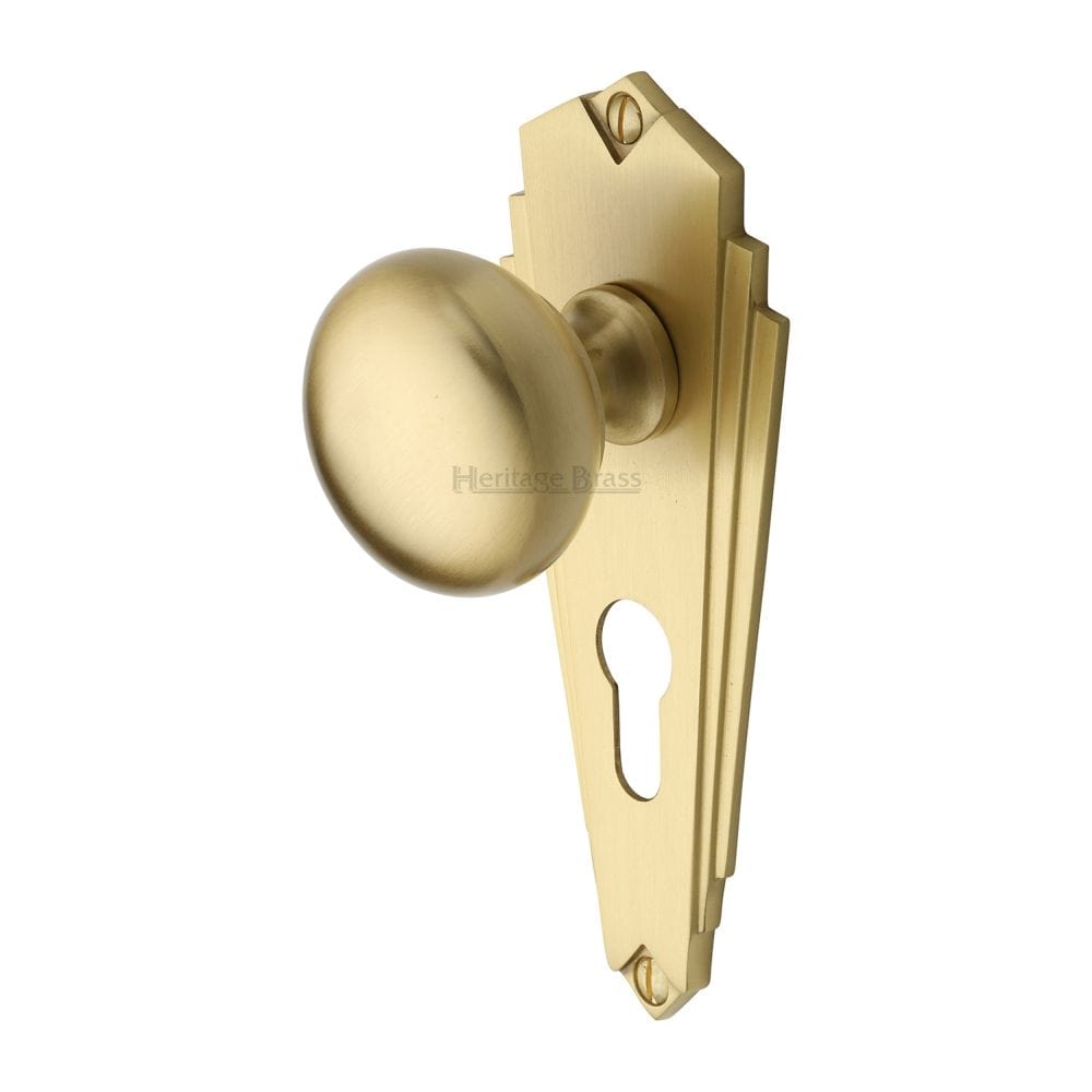 Heritage Brass Door Furniture Satin Brass / Euro Profile Lock Mortice Knobs Heritage Brass - Mortice Knob on Euro Profile Plate Broadway Design Satin Brass F