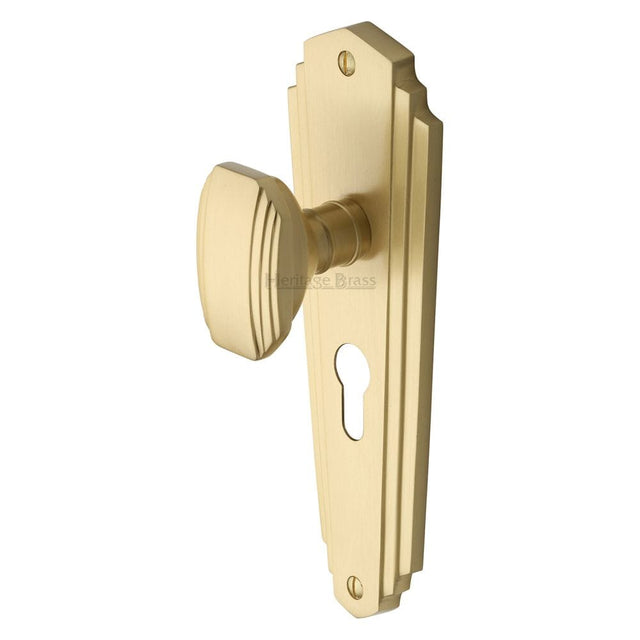 Heritage Brass Door Furniture Satin Brass / Euro Profile Lock Mortice Knobs Heritage Brass - Mortice Knob on Euro Profile Plate Charlston Design Satin Brass