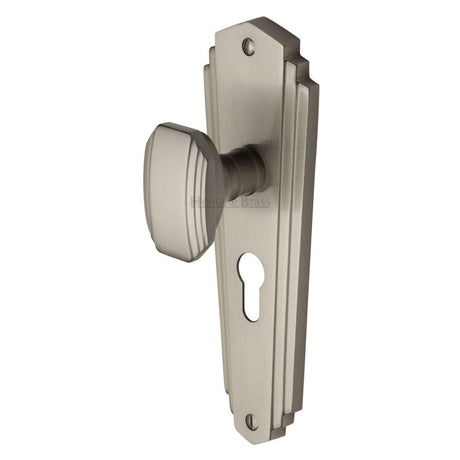 Heritage Brass Door Furniture Satin Nickel / Euro Profile Lock Mortice Knobs Heritage Brass - Mortice Knob on Euro Profile Plate Charlston Design Satin Nickel
