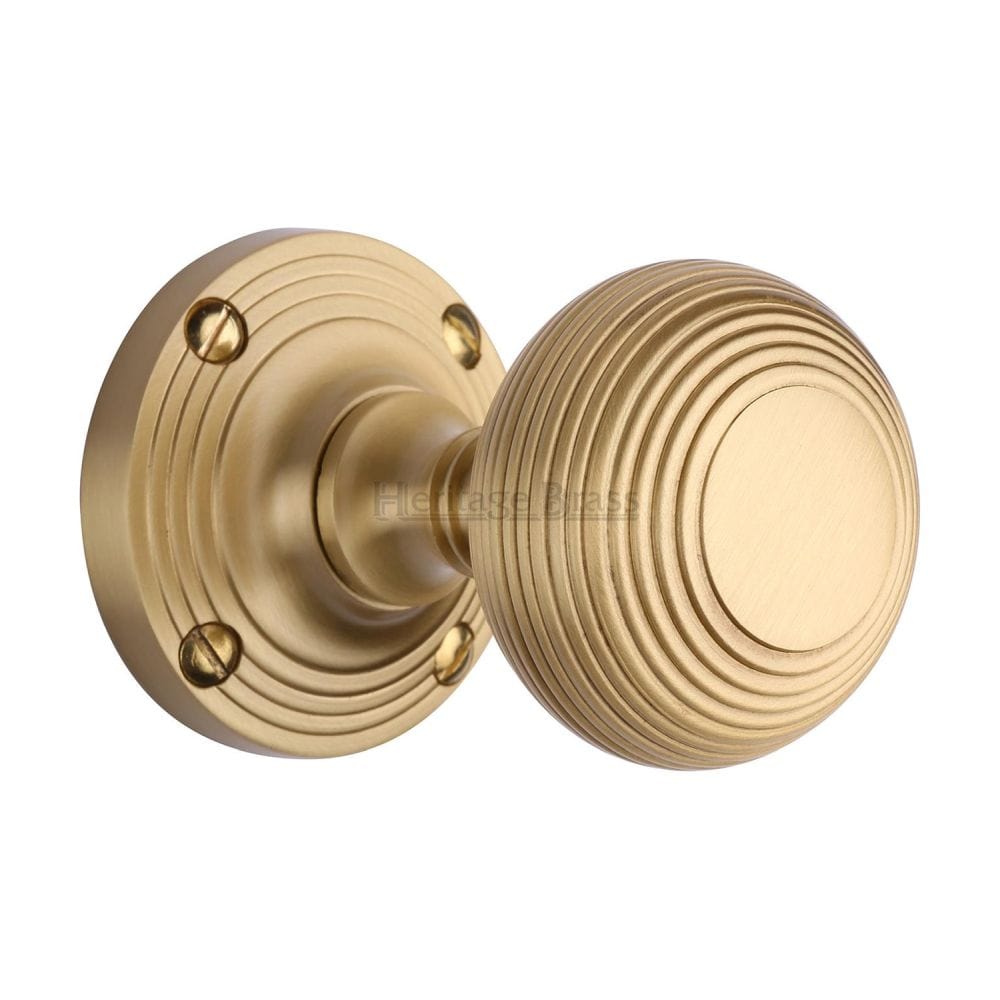 Heritage Brass Door Furniture Satin Brass / Mortice Knobs Heritage Brass - Mortice Knob on Rose Reeded Design Satin Brass Finish