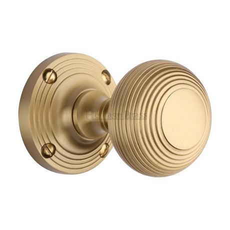 Heritage Brass Door Furniture Satin Brass / Mortice Knobs Heritage Brass - Mortice Knob on Rose Reeded Design Satin Brass Finish