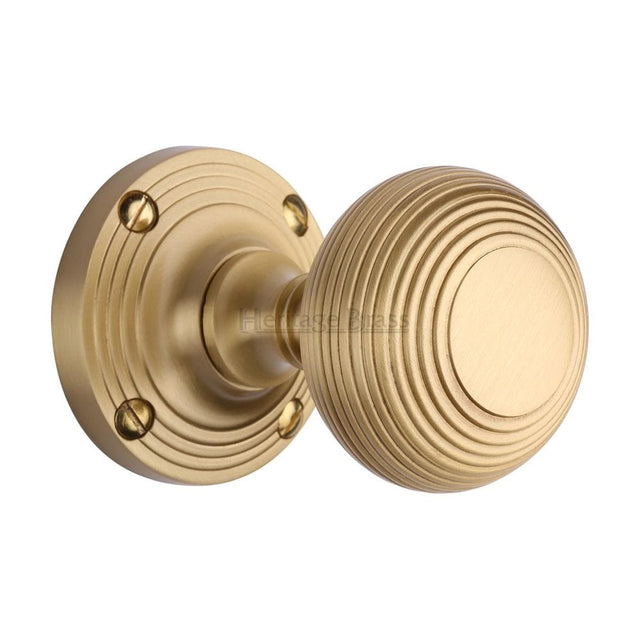 Heritage Brass Door Furniture Satin Brass / Mortice Knobs Heritage Brass - Mortice Knob on Rose Reeded Design Satin Brass Finish