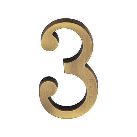 Heritage Brass Door Furniture Antique Brass / Numerals / 3 Heritage Brass - Numeral 3 Concealed Fix 76mm (3") Antique Brass finish