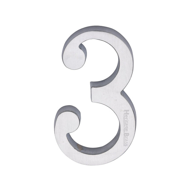 Heritage Brass Door Furniture Satin Chrome / Numerals / 3 Heritage Brass - Numeral 3 Concealed Fix 76mm (3") Satin Chrome finish