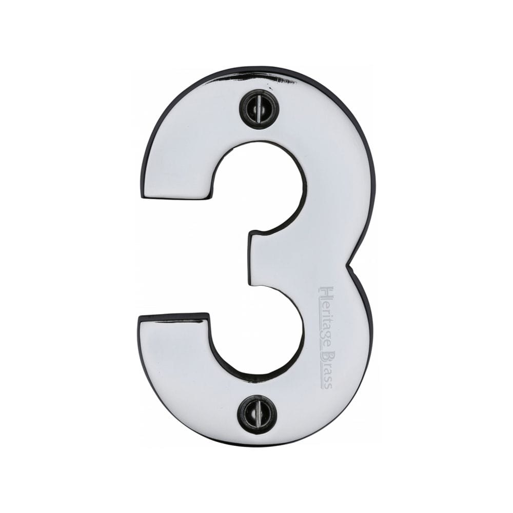 Heritage Brass Door Furniture Polished Chrome / Numerals / 3 Heritage Brass - Numeral 3 Face Fix 76mm (3") Polished Chrome Finish