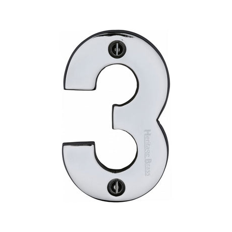 Heritage Brass Door Furniture Polished Chrome / Numerals / 3 Heritage Brass - Numeral 3 Face Fix 76mm (3") Polished Chrome Finish