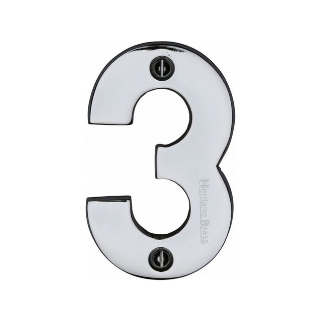 Heritage Brass Door Furniture Polished Chrome / Numerals / 3 Heritage Brass - Numeral 3 Face Fix 76mm (3") Polished Chrome Finish