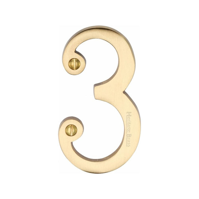 Heritage Brass Door Furniture Satin Brass / Numerals / 3 Heritage Brass - Numeral 3 Face Fix 76mm (3") Satin Brass Finish