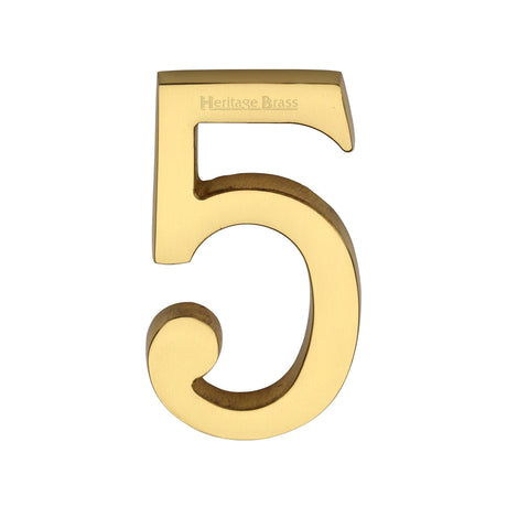 Heritage Brass Door Furniture Unlacquered Brass / Numerals / 5 Heritage Brass - Numeral 5 Concealed Fix 76mm (3") Unlacquered Brass finish