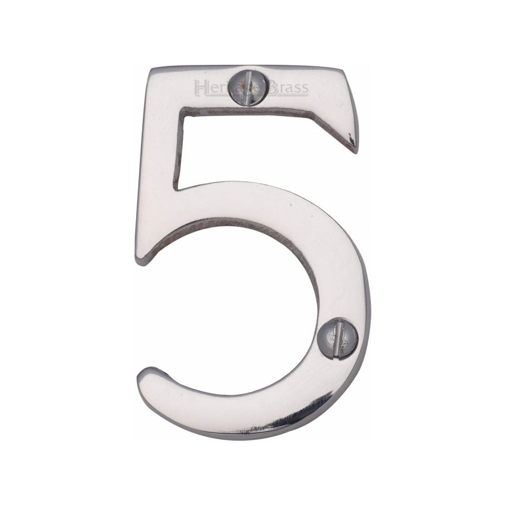 Heritage Brass Door Furniture Polished Chrome / Numerals / 5 Heritage Brass - Numeral 5 Face Fix 51mm (2") Polished Chrome Finish