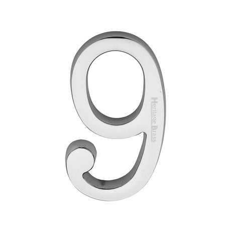 Heritage Brass Door Furniture Polished Chrome / Numerals / 9 Heritage Brass - Numeral 9 Concealed Fix 76mm (3) Polished Chrome finish