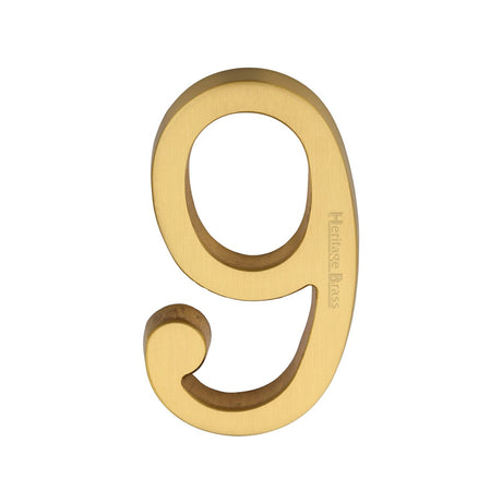Heritage Brass Door Furniture Satin Brass / Numerals / 9 Heritage Brass - Numeral 9 Concealed Fix 76mm (3) Satin Brass finish
