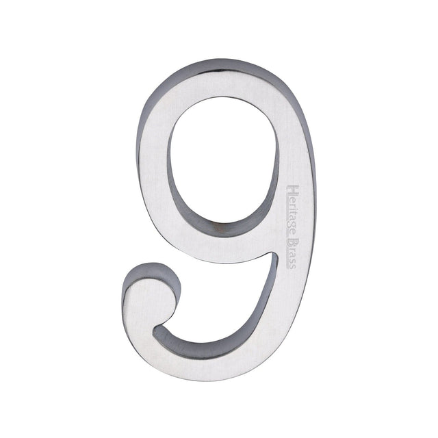 Heritage Brass Door Furniture Satin Chrome / Numerals / 9 Heritage Brass - Numeral 9 Concealed Fix 76mm (3) Satin Chrome finish