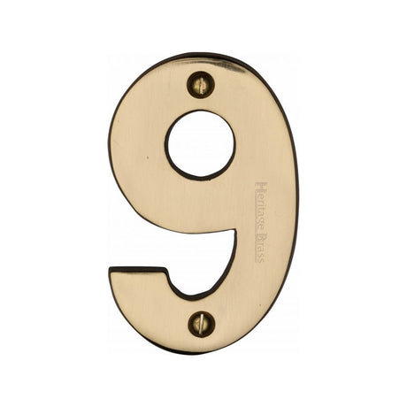 Heritage Brass Door Furniture Polished Brass / Numerals / 9 Heritage Brass - Numeral 9 Face Fix 76mm (3") Polished Brass Finish