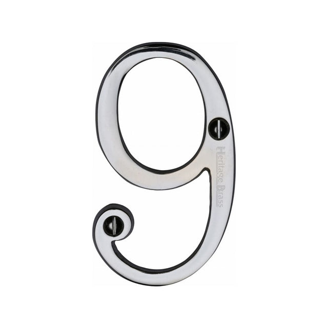 Heritage Brass Door Furniture Polished Chrome / Numerals / 9 Heritage Brass - Numeral 9 Face Fix 76mm (3") Polished Chrome Finish