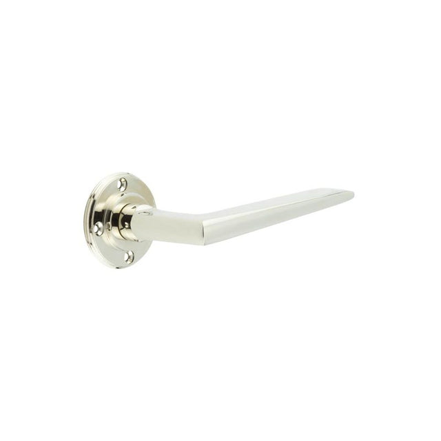 This is an image of a Burlington - Mayfair lever on rose - Polished Nickel  that is availble to order from Trade Door Handles in Kendal.
