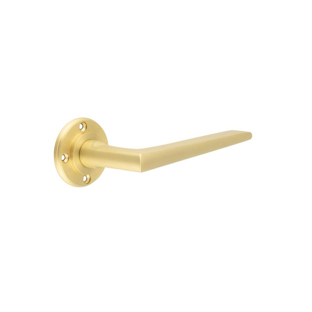 This is an image of a Burlington - Mayfair lever on rose - Satin Brass  that is availble to order from Trade Door Handles in Kendal.
