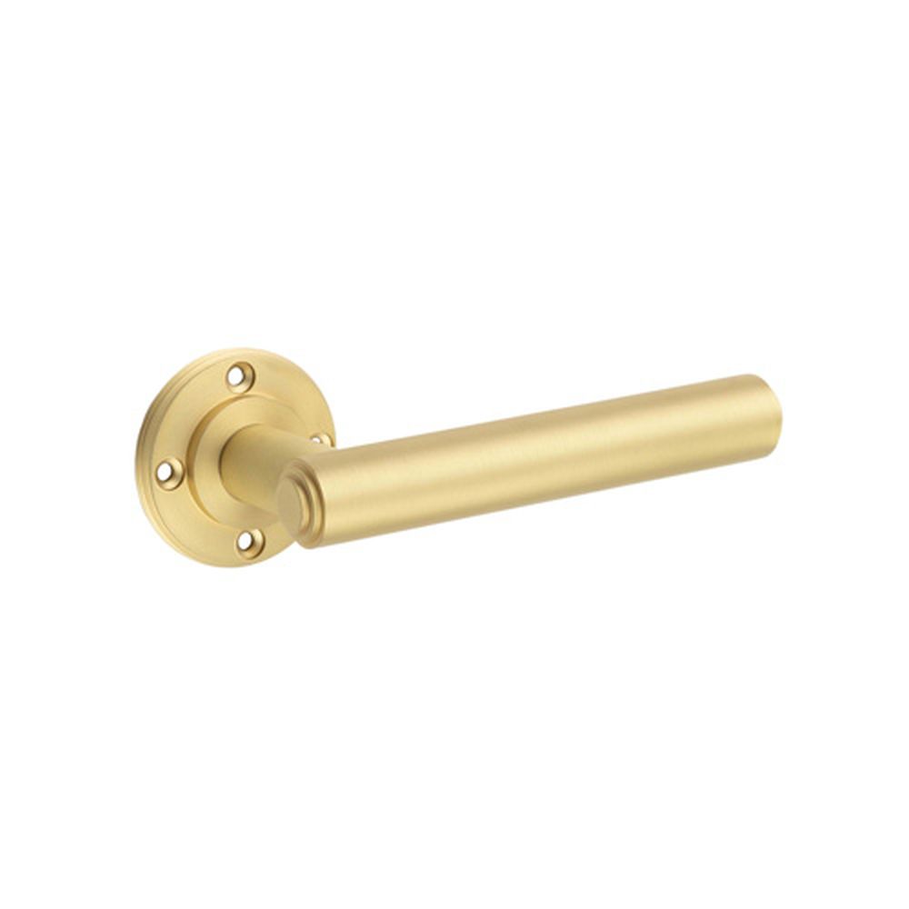 This is an image of a Burlington - Richmond Satin Brass Lever on Rose Door Handles - Roses Sold Separa  that is availble to order from Trade Door Handles in Kendal.