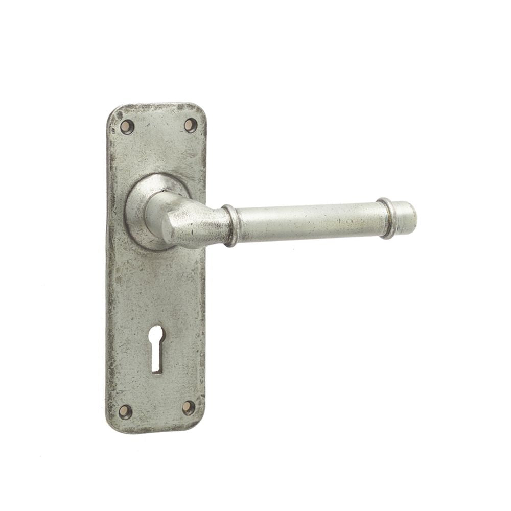 This is an image of a Frelan - Belfry Standard Lever Lock Handles on Backplate - Pewter  that is availble to order from Trade Door Handles in Kendal.